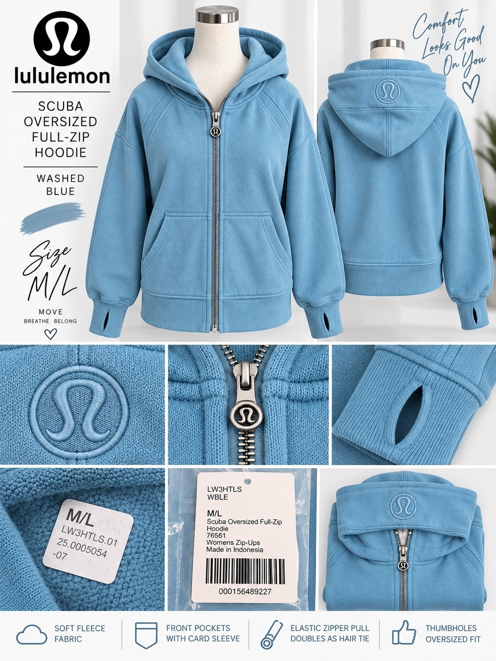 Lululemon Scuba Oversized Full-Zip Hoodie Washed Blue M/L NWT